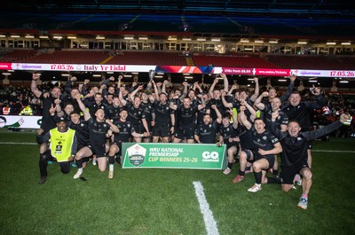120426 - Neath v Merthyr - Mens Premiership Cup Final - Ben Williams lifts the trophy with his Neath team mates