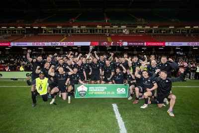 120426 - Neath v Merthyr - Mens Premiership Cup Final - Ben Williams lifts the trophy with his Neath team mates