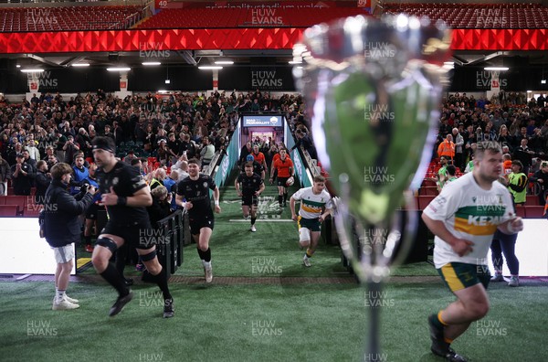 120426 - Neath v Merthyr - Mens Premiership Cup Final - Teams walk out onto the field