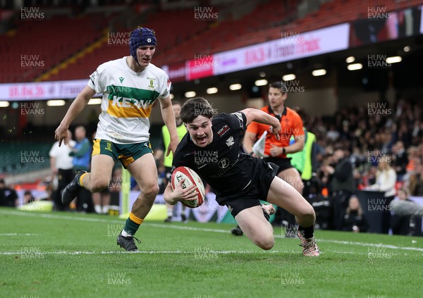 120426 - Neath v Merthyr - Mens Premiership Cup Final - Kaden Davies of Neath scores a try