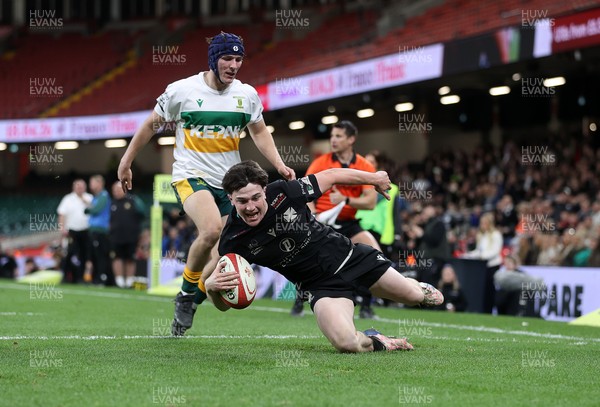 120426 - Neath v Merthyr - Mens Premiership Cup Final - Kaden Davies of Neath scores a try