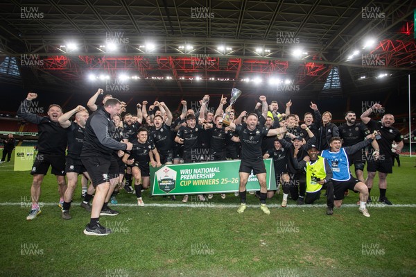 120426 - Neath v Merthyr - Mens Premiership Cup Final - Ben Williams lifts the trophy with his Neath team mates