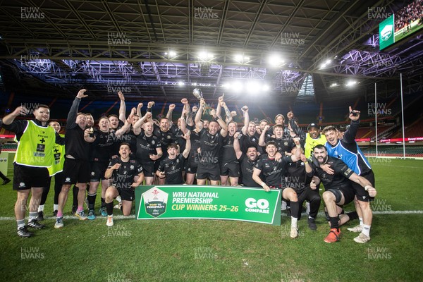 120426 - Neath v Merthyr - Mens Premiership Cup Final - Ben Williams lifts the trophy with his Neath team mates