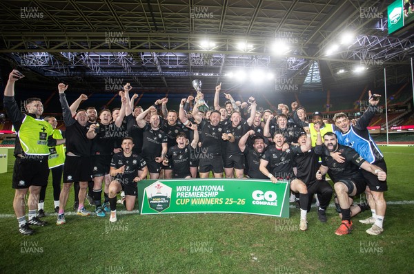 120426 - Neath v Merthyr - Mens Premiership Cup Final - Ben Williams lifts the trophy with his Neath team mates