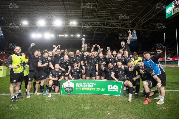 120426 - Neath v Merthyr - Mens Premiership Cup Final - Ben Williams lifts the trophy with his Neath team mates