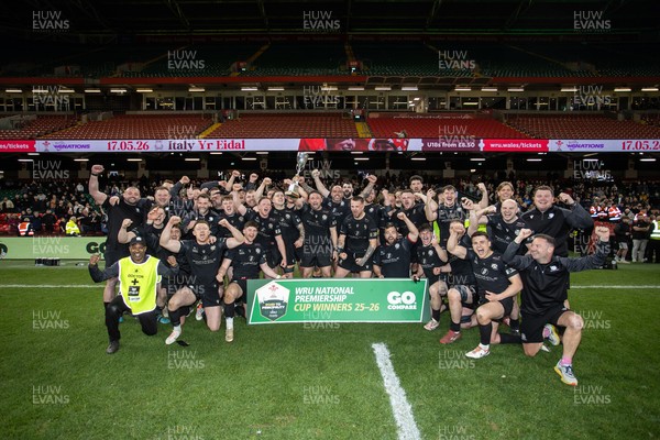 120426 - Neath v Merthyr - Mens Premiership Cup Final - Ben Williams lifts the trophy with his Neath team mates