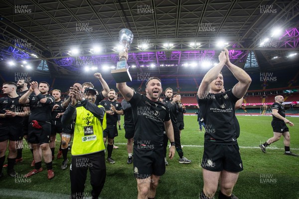 120426 - Neath v Merthyr - Mens Premiership Cup Final - Ben Williams lifts the trophy with his Neath team mates