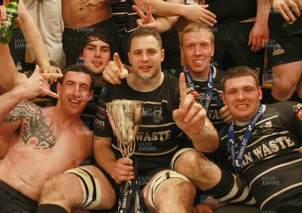 040513 Neath RFC v Pontypridd RFC -Pontypridd captain Chris Dicomidis celebrates with Dafydd Lockyer, Cory Hill, Craig Locke and Stuart Williams in the changing rooms