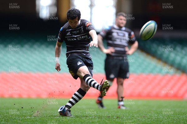 040513 - Neath v Pontypridd - SWALEC Cup Final -Dai Flanagan of Pontypridd kicks at goal 