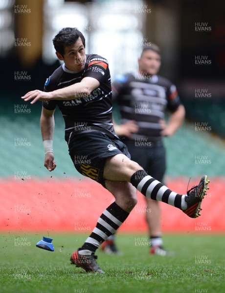 040513 - Neath v Pontypridd - SWALEC Cup Final -Dai Flanagan of Pontypridd kicks at goal 