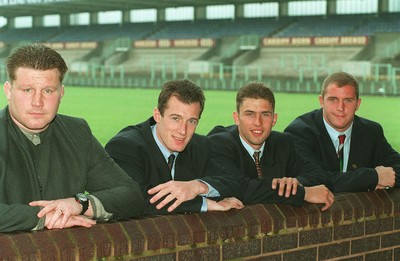 280696 -  Cardiff rugby club new signings (left to right) Dai Young, Rob Howley, Justin Thomas and Leigh Davies at Cardiff Arms Park