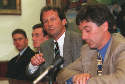 280696 -  Cardiff Rugby Club Chairman Peter Thomas voices his opinions on the Welsh Rugby Union flanked by (L-R) Justin Thomas, Rob Howley and Gareth Davies