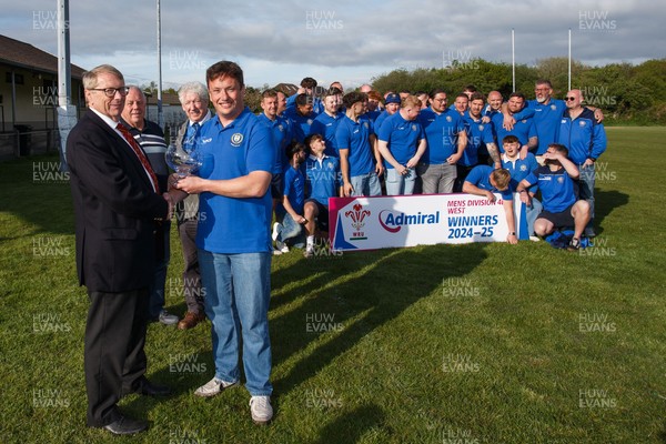 260425 - New Dock Stars League Trophy Presentation - Admiral National League 4 West B - WRU representative Chris Jones presents the trophy to New Dock Stars captain Jonny Harris