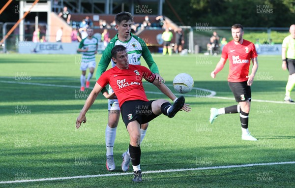 150721 The New Saints v Glentoran, UEFA Europa Conference League First Qualifying Round Second Leg - Marcus Kane of Glentoran is challenged by Keston Davies of The New Saints