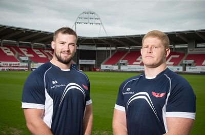 160715 - New Scarlets signings Morgan Allen, left, and Dylan Evans at the Parc y Scarlets, Llanelli
