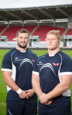 160715 - New Scarlets signings Morgan Allen, left, and Dylan Evans at the Parc y Scarlets, Llanelli