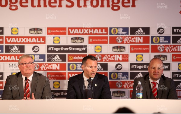 150118 - Picture shows new Wales football manager Ryan Giggs at his first press conference with FAW President David Griffiths and CEO Jonathan Ford