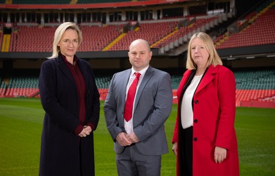 200125  New Wales Women’s Rugby Head Coach Announcement, Principality Stadium - Sean Lynn who has been appointed Head Coach of the Wales Women’s Rugby Team, with Belinda Moore, Head of Women’s rugby, left, and Abi Tierney Chief Executive of the WRU