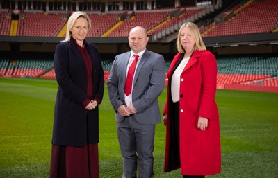 200125  New Wales Women’s Rugby Head Coach Announcement, Principality Stadium - Sean Lynn who has been appointed Head Coach of the Wales Women’s Rugby Team, with Belinda Moore, Head of Women’s rugby, left, and Abi Tierney Chief Executive of the WRU