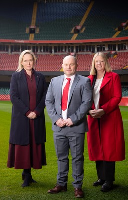 200125  New Wales Women’s Rugby Head Coach Announcement, Principality Stadium - Sean Lynn who has been appointed Head Coach of the Wales Women’s Rugby Team, with Belinda Moore, Head of Women’s rugby, left, and Abi Tierney Chief Executive of the WRU