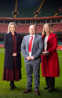 200125  New Wales Women’s Rugby Head Coach Announcement, Principality Stadium - Sean Lynn who has been appointed Head Coach of the Wales Women’s Rugby Team, with Belinda Moore, Head of Women’s rugby, left, and Abi Tierney Chief Executive of the WRU