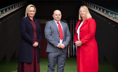 200125  New Wales Women’s Rugby Head Coach Announcement, Principality Stadium - Sean Lynn who has been appointed Head Coach of the Wales Women’s Rugby Team, with Belinda Moore, Head of Women’s rugby, left, and Abi Tierney Chief Executive of the WRU