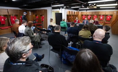 200125  New Wales Women’s Rugby Head Coach Announcement, Principality Stadium - A general view of the Wales home changing room during the press conference to announce Sean Lynn as Head Coach of the Wales Women’s Rugby Team Left to right, Abi Tierney Chief Executive of the WRU, Sean Lynn, and Belinda Moore, Head of Women’s rugby for the WRU