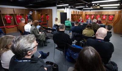 200125  New Wales Women’s Rugby Head Coach Announcement, Principality Stadium - A general view of the Wales home changing room during the press conference to announce Sean Lynn as Head Coach of the Wales Women’s Rugby Team Left to right, Abi Tierney Chief Executive of the WRU, Sean Lynn, and Belinda Moore, Head of Women’s rugby for the WRU