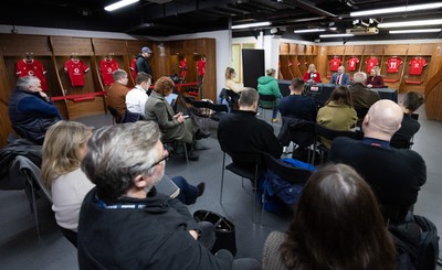 200125  New Wales Women’s Rugby Head Coach Announcement, Principality Stadium - A general view of the Wales home changing room during the press conference to announce Sean Lynn as Head Coach of the Wales Women’s Rugby Team Left to right, Abi Tierney Chief Executive of the WRU, Sean Lynn, and Belinda Moore, Head of Women’s rugby for the WRU