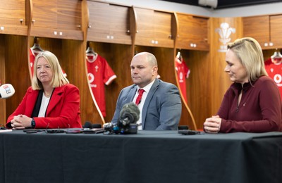 200125  New Wales Women’s Rugby Head Coach Announcement, Principality Stadium - Sean Lynn who has been appointed Head Coach of the Wales Women’s Rugby Team during press conference alongside Abi Tierney Chief Executive of the WRU, left, and Belinda Moore, Head of Women’s rugby for the WRU