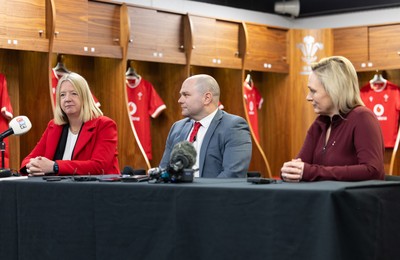 200125  New Wales Women’s Rugby Head Coach Announcement, Principality Stadium - Sean Lynn who has been appointed Head Coach of the Wales Women’s Rugby Team during press conference alongside Abi Tierney Chief Executive of the WRU, left, and Belinda Moore, Head of Women’s rugby for the WRU