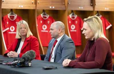 200125  New Wales Women’s Rugby Head Coach Announcement, Principality Stadium - Sean Lynn who has been appointed Head Coach of the Wales Women’s Rugby Team during press conference alongside Abi Tierney Chief Executive of the WRU, left, and Belinda Moore, Head of Women’s rugby for the WRU