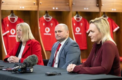 200125  New Wales Women’s Rugby Head Coach Announcement, Principality Stadium - Sean Lynn who has been appointed Head Coach of the Wales Women’s Rugby Team during press conference alongside Abi Tierney Chief Executive of the WRU, left, and Belinda Moore, Head of Women’s rugby for the WRU