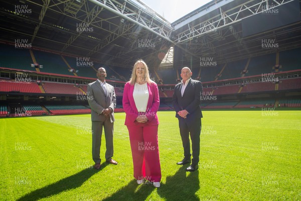 170723 - WRU - Executive Director of Rugby Nigel Walker (left), new WRU CEO Abi Tierney (centre), and Chair Richard Collier-Keywood (right) 
