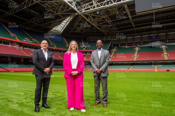 170723 - WRU - Chair Richard Collier-Keywood (left), new WRU CEO Abi Tierney (centre), and Executive Director of Rugby Nigel Walker (right) 