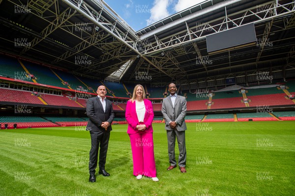 170723 - WRU - Chair Richard Collier-Keywood (left), new WRU CEO Abi Tierney (centre), and Executive Director of Rugby Nigel Walker (right) 
