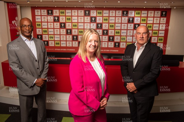 170723 - WRU - Executive Director of Rugby Nigel Walker (left), new WRU CEO Abi Tierney (centre), and Chair Richard Collier-Keywood (right) 