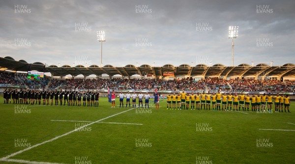 070618 -  New Zealand U20 v Australia U20, World Rugby U20 Championship, Pool A - The New Zealand and Australia teams line up for the anthems at the start of the match