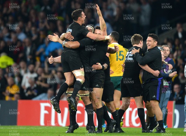 311015 - New Zealand v Australia - Rugby World Cup Final 2015 -Dan Carter, Jerome Kaino, Brodie Retallick and Sonny Bill Williams of New Zealand celebrate at the final whistle