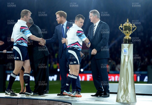 311015 - New Zealand v Australia - Rugby World Cup Final 2015 -Referee Nigel Owens receives his medal at the end of the game