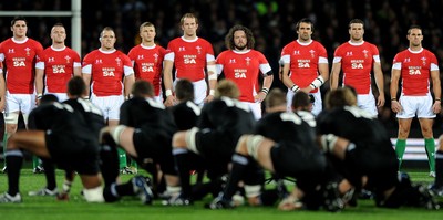 19.06.10 - New Zealand v Wales - 2010 Steinlager Series - Wales players look on as New Zealand perform the Haka. 