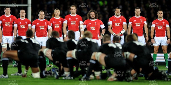 19.06.10 - New Zealand v Wales - 2010 Steinlager Series - Wales players look on as New Zealand perform the Haka. 