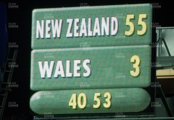 210603 - New Zealand v Wales - Wales Tour of Australasia - The scoreboard at Waikato stadium showing the full time score of 55-3 to New Zealand