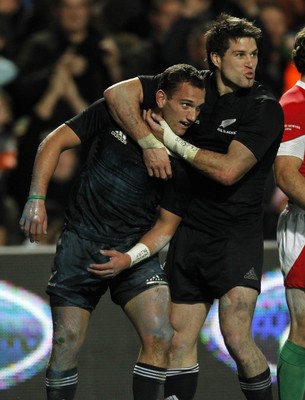 26.06.10  New Zealand v Wales... All Black winger Zac Guildford celebrates a try with  teammate Cory Jane. 
