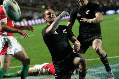 26.06.10  New Zealand v Wales... Aaron Cruden celebrates his late try after coming on for Dan Carter. 