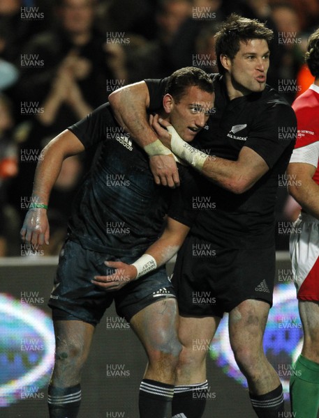 26.06.10  New Zealand v Wales... All Black winger Zac Guildford celebrates a try with  teammate Cory Jane. 