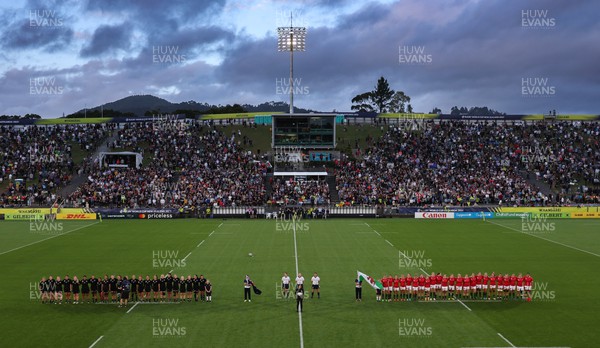 291022 - New Zealand v Wales, Women’s World Cup Quarter-Final - The New Zealand and Wales teams line up for the anthem at the start of the match