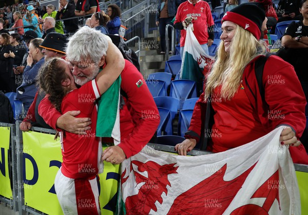 291022 - New Zealand v Wales, Women’s World Cup Quarter-Final - Lisa Neumann of Wales greets her family at the end of the match