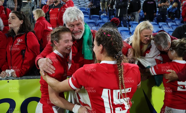 291022 - New Zealand v Wales, Women’s World Cup Quarter-Final - Lisa Neumann of Wales greets her family at the end of the match