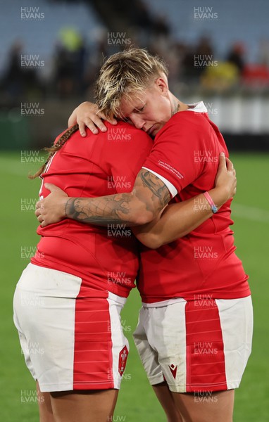 291022 - New Zealand v Wales, Women’s World Cup Quarter-Final - Carys Phillips of Wales and Donna Rose of Wales at the end of the match